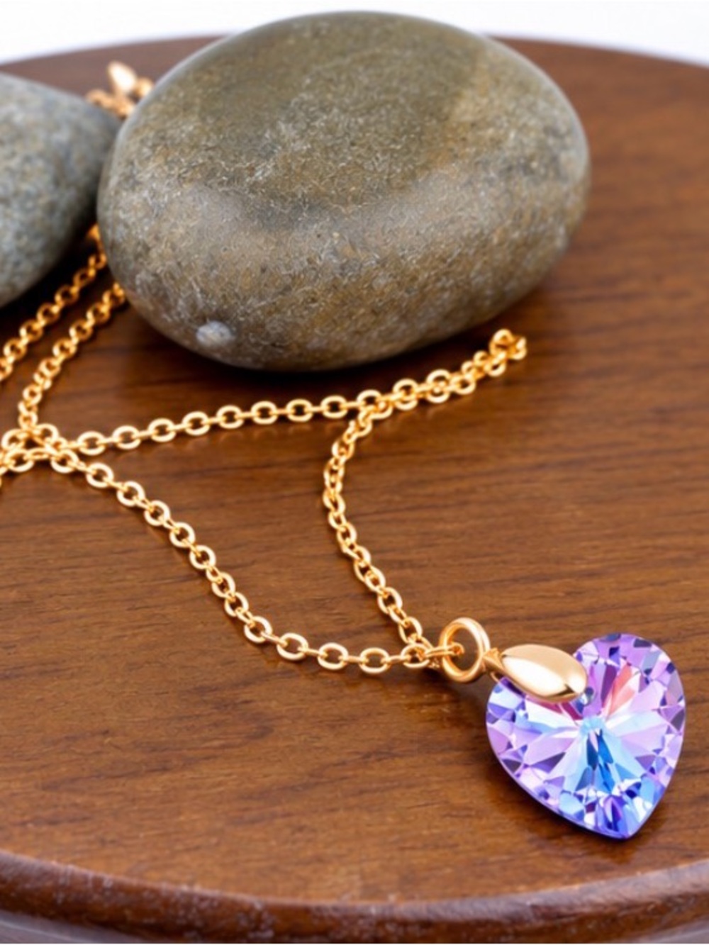 18K Gold Lilac Purple Pastel AB Crystal Heart Pendant Necklace